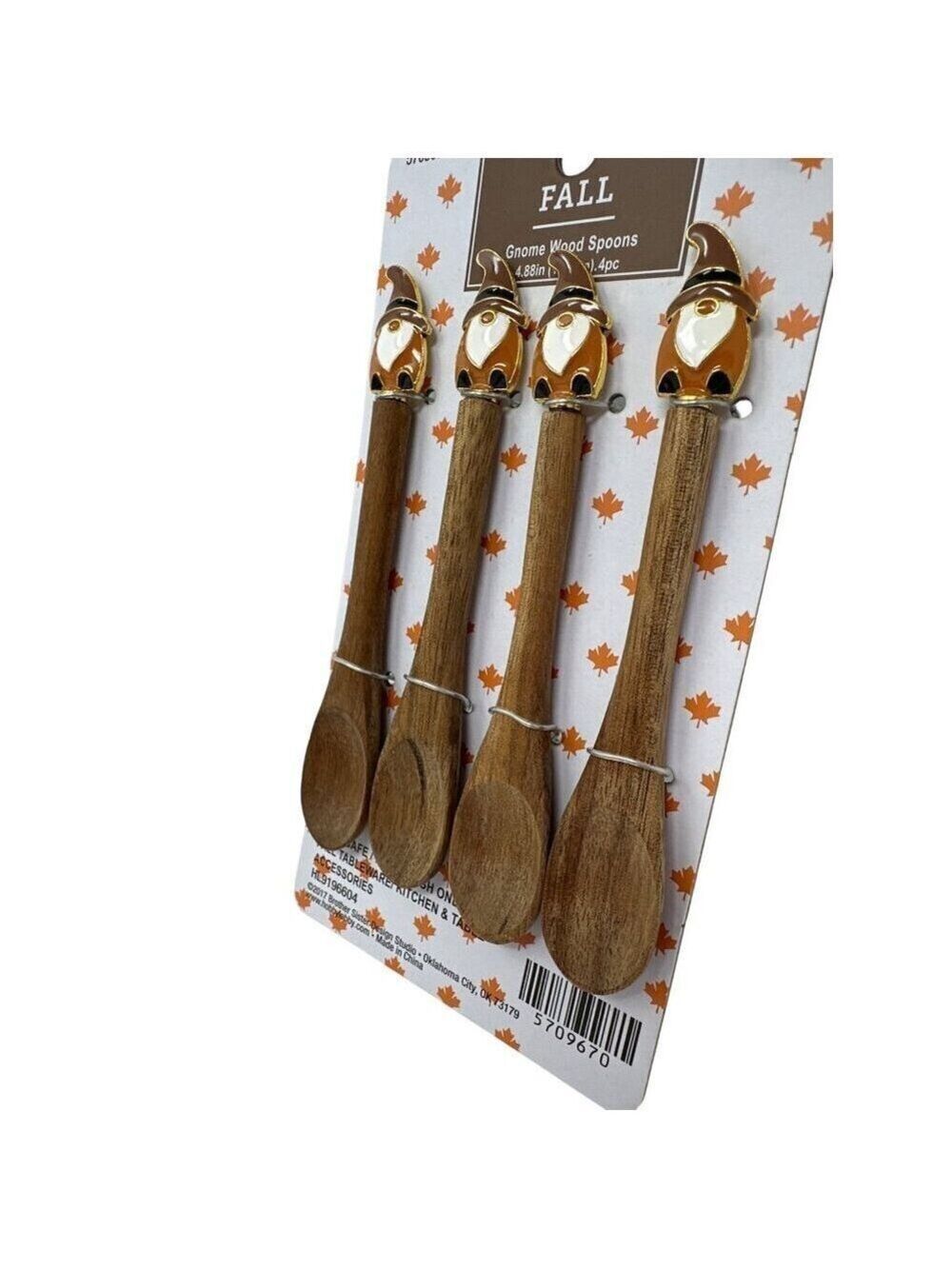 Gnome Wood Spoon Set Of 4 Fall Autumn Country Farmhouse Modern Holiday New - Picture 7 of 9